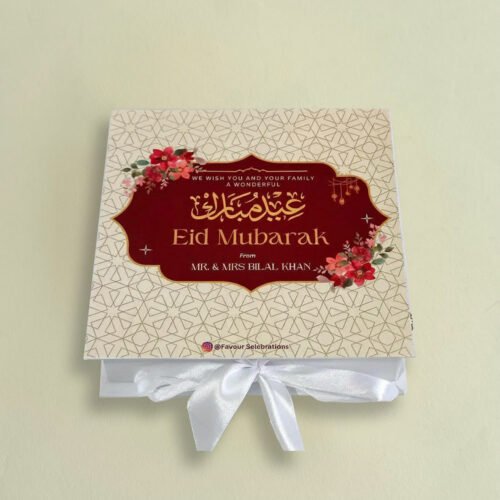 A ½ KG mithai box elegantly personalised with premium Nafees Mithai Stickers from Favour Selebrations.