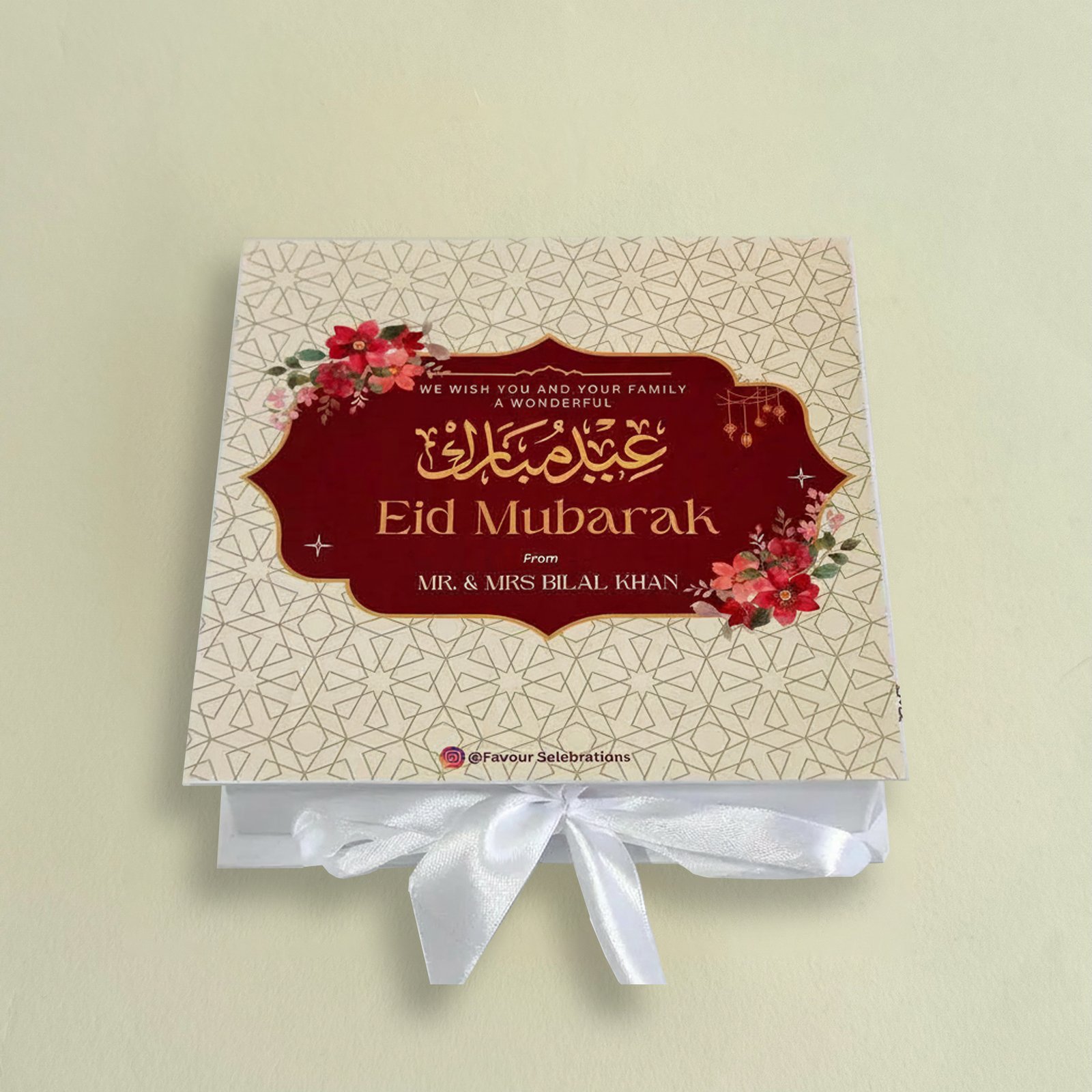 A ½ KG mithai box elegantly personalised with premium Nafees Mithai Stickers from Favour Selebrations.