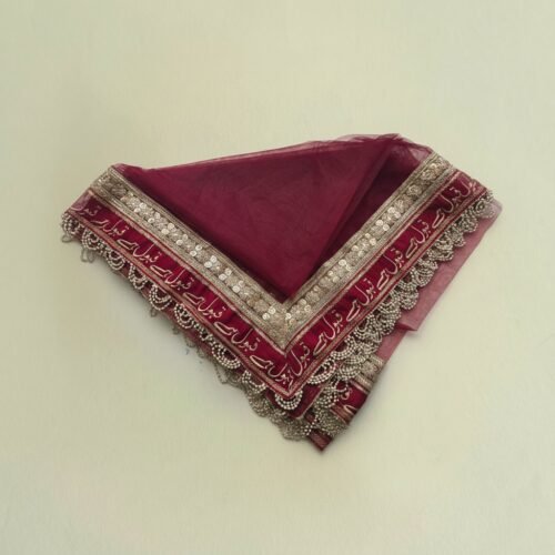 Elegant maroon net fabric event favour with gold sequin embellishments and delicate lace detailing, professionally finished.