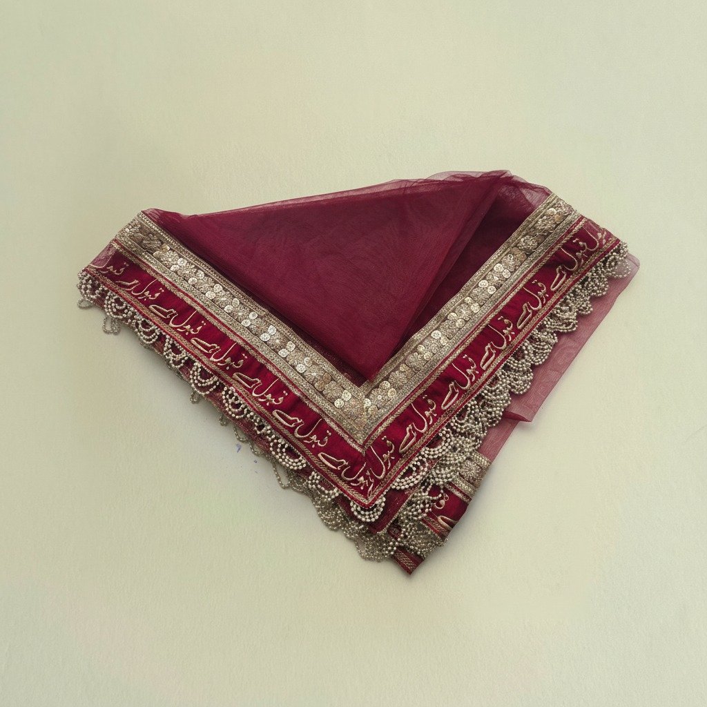 Elegant maroon net fabric event favour with gold sequin embellishments and delicate lace detailing, professionally finished.